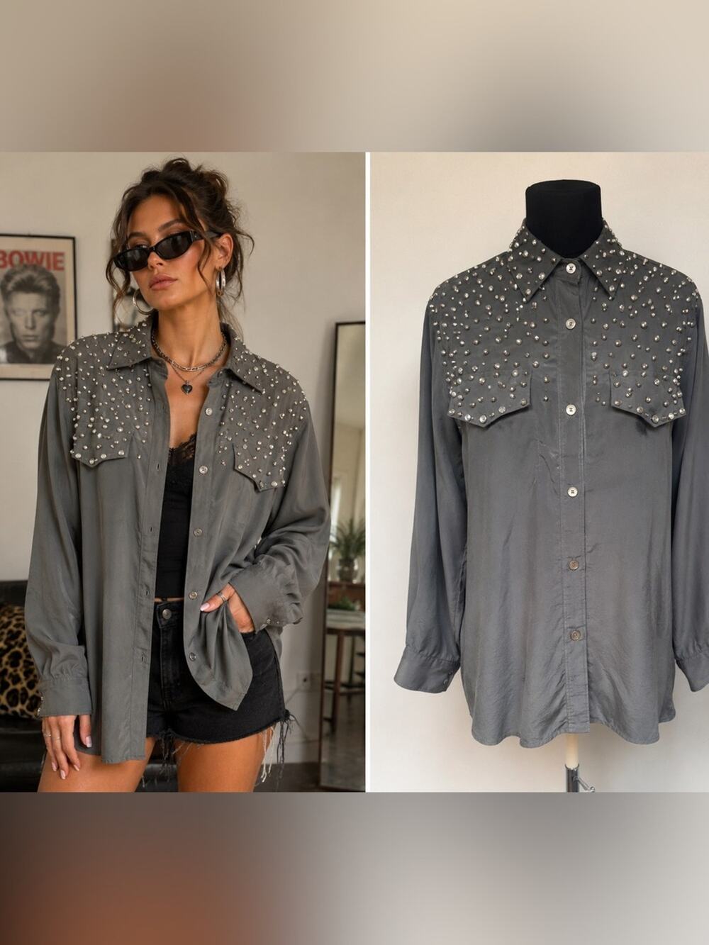 Y2K Diane Gilman 100% Silk Oversized Studded Rhinestone Western Shirt S Indie
